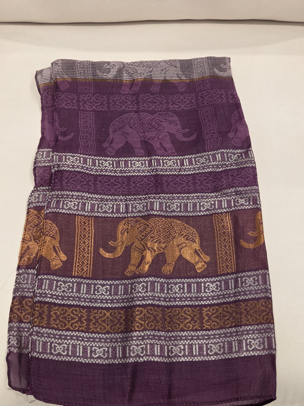 Brand New Thai Lightweight Silk Elephant Purple and Gold Scarf 73x20 Inches